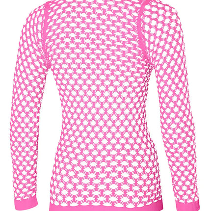 Roze netshirt dames van achteren, grote mazen tot in de lange mouwen