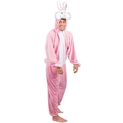 Roze pluche konijnenjumpsuit met wijde pijpen en witte snuit op de capuchon