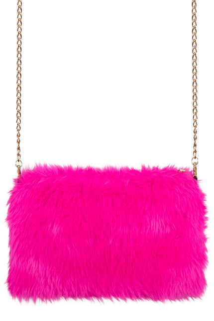 Roze pluche schoudertasje met langharige felroze vacht en gouden schakelketting voor een discofeest