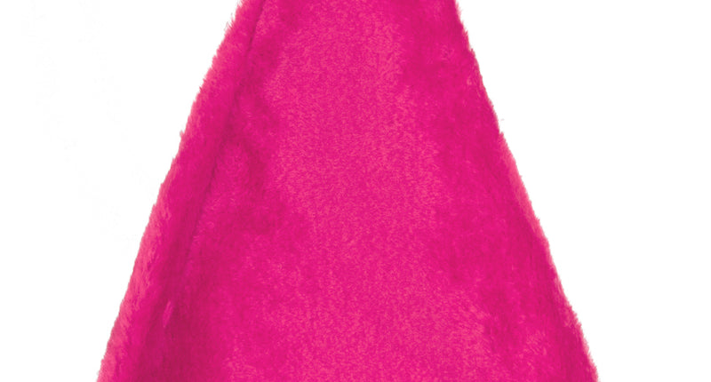 Roze pluchen kerstmuts met brede witte rand en witte pompon voor Kerst