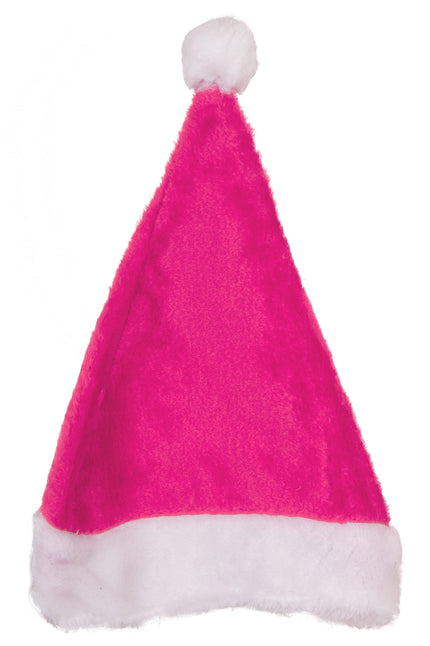 Roze pluchen kerstmuts met brede witte rand en witte pompon voor Kerst