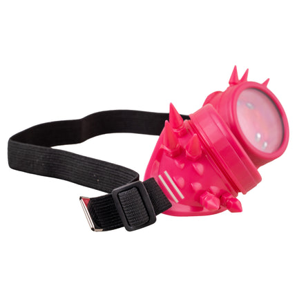 Roze steampunkgoggles zijkant met puntige spikes en zwarte band met schuifgesp