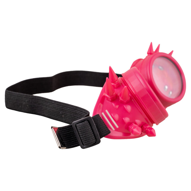 Roze steampunkgoggles zijkant met puntige spikes en zwarte band met schuifgesp
