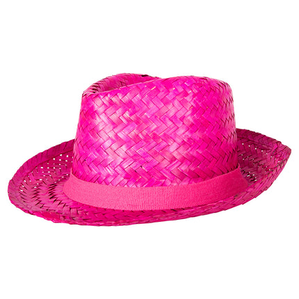 Roze strohoed Caribbean pink schuin van boven, open vlechtwerk in de rand zichtbaar