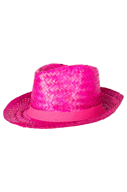 Roze strohoed Caribbean pink schuin van boven, open vlechtwerk in de rand zichtbaar