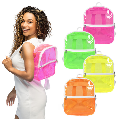 Rugzak Clarity transparant in roze op de rug van een model, met witte rits, plus de kleuren groen, geel en oranje