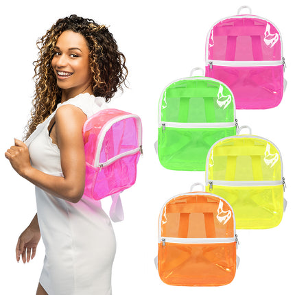 Rugzak Clarity transparant in roze op de rug van een model, met witte rits, plus de kleuren groen, geel en oranje