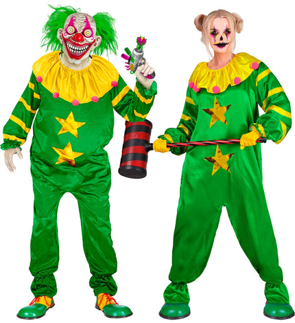 Ruimte horror clown kostuum Mees, groene jumpsuit met gele kraag en gouden sterren, voor Halloween