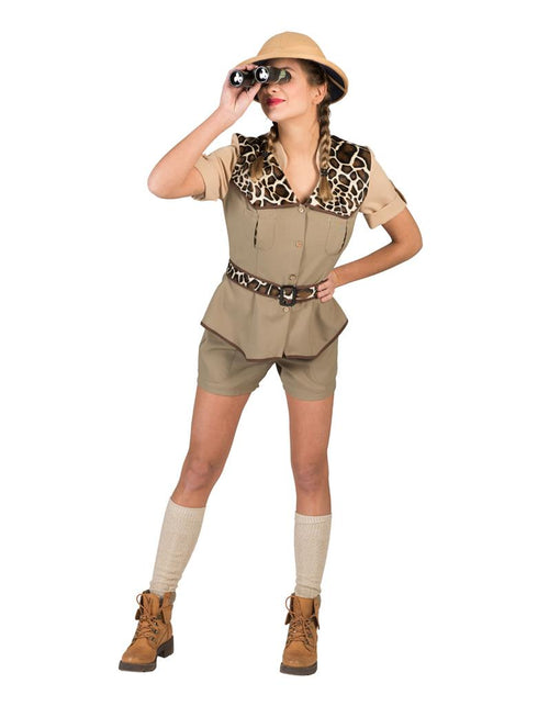 Safari outfit vrouw in kaki met luipaardprint kraag, korte broek en riem, voor carnaval