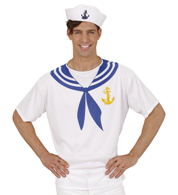Sailor T-shirt wit met blauwe matrozenkraag en geel anker, gedragen met matrozenhoedje