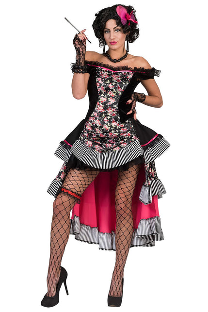 Saloon jurk sexy in zwart met rozenprint en gestreepte volants, vooraanzicht voor een westernfeest