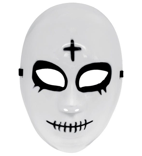 Satanisch masker wit hard kunststof met zwart omgekeerd kruis en gestikte mond, vooraanzicht