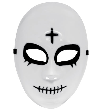 Satanisch masker wit hard kunststof met zwart omgekeerd kruis en gestikte mond, vooraanzicht