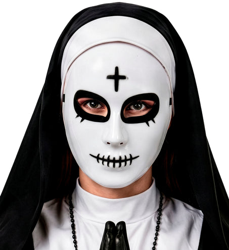 Satanisch masker wit bij zwart-witte nonnenlook, omgekeerd kruis op voorhoofd