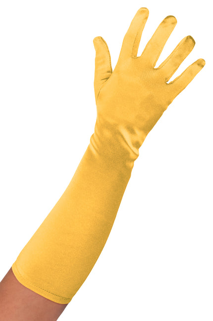 Satijnen handschoen goud 40 cm, glanzend lang model dat tot over de onderarm doorloopt