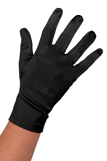 Satijnen handschoen zwart van 20 cm met glanzende satijnlook en omgezoomde boord over de pols