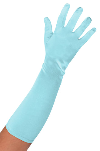 Satijnen handschoenen blauw 40 cm, lichtblauw glanzend model tot over de onderarm voor een galafeest