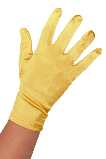 Satijnen handschoenen goud, glanzend goudgeel model van 20 cm dat tot net over de pols valt
