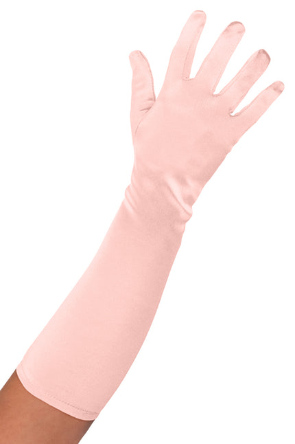 Satijnen handschoenen roze 40 cm, glanzend poederroze model tot over de elleboog voor een themafeest