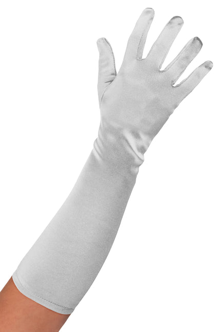 Satijnen handschoenen zilver 40 cm met glans en gesloten vingers, tot halverwege de onderarm