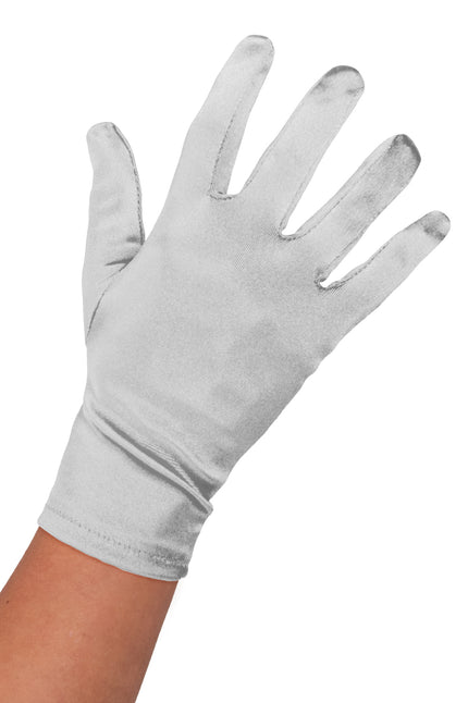 Satijnen handschoenen zilver, korte glanzende handschoen tot net over de pols met gestikte vingers