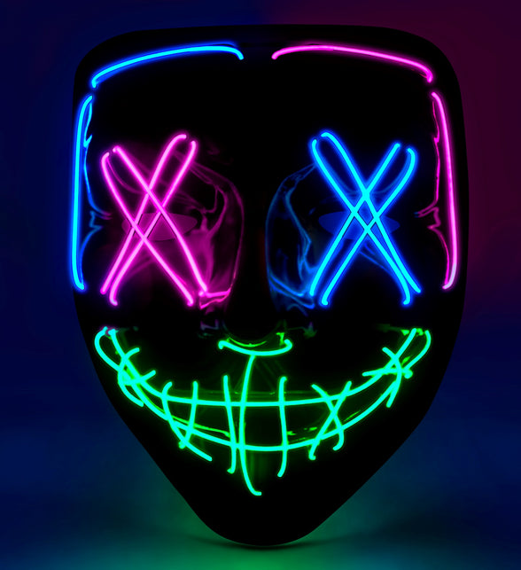 Scary masker gekleurd led in zwart met roze, blauwe en groene neonlijnen rond ogen en grijns