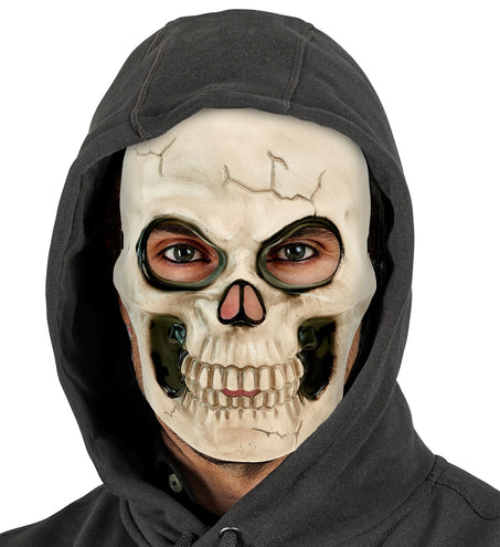 Schedel masker kunststof op model, doodskop bedekt gezicht tot onder de kin