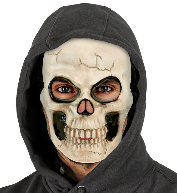 Schedel masker kunststof op model, doodskop bedekt gezicht tot onder de kin