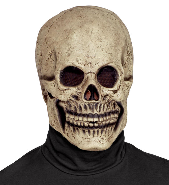Schedel masker latex in beenkleur met grijnzende tanden en donker gaas in de oogholtes, voor Halloween