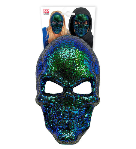 Schedel masker pailletten op verpakkingskaart, glinsterende doodskop voor Halloween