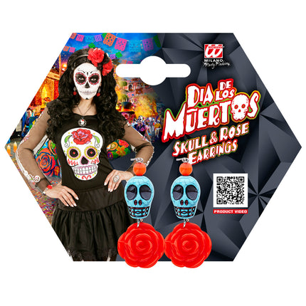 Schedel met roos oorbellen op verpakkingskaart met Dia de los Muertos-opdruk
