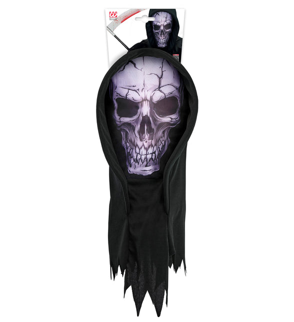Schedelmasker met capuchon voor heren in verpakking, lichtgrijze schedelprint op zwarte kap