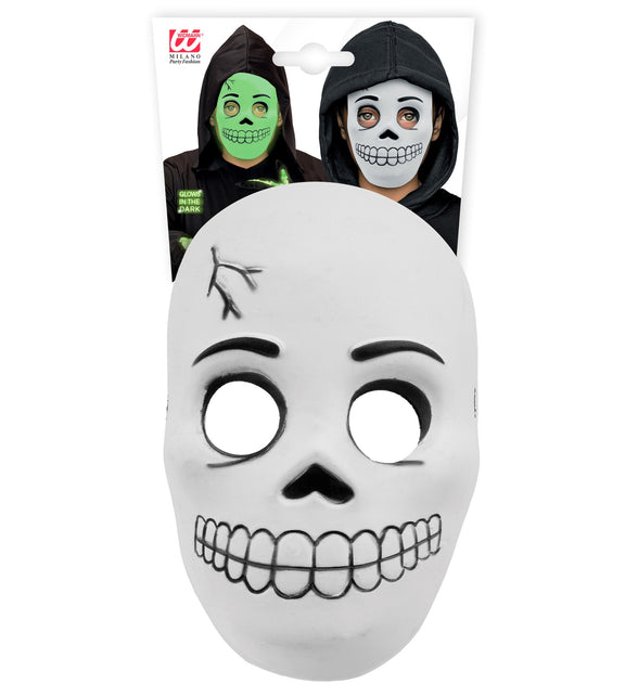 Schedelmasker voor kinderen in verpakking met glow-in-the-dark aanduiding