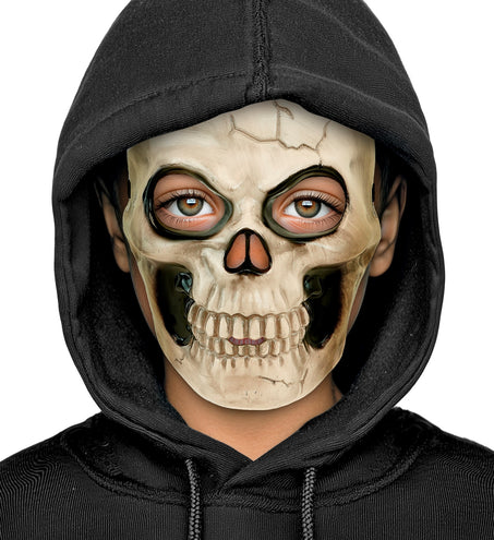 Schedelmasker op kindergezicht, halfmasker dat voorhoofd, neus en kaak bedekt