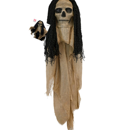 Schedelmasker met lange gerafelde cape en zwart haar, volledig uitgehangen, voor heren