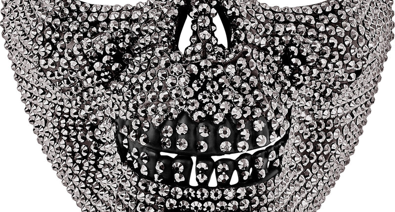 Schedelmasker strass in doodshoofdvorm met zilverkleurige steentjes en zwarte tandenrij