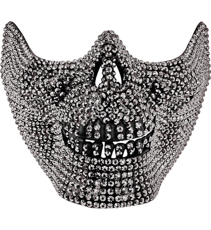 Schedelmasker strass in doodshoofdvorm met zilverkleurige steentjes en zwarte tandenrij