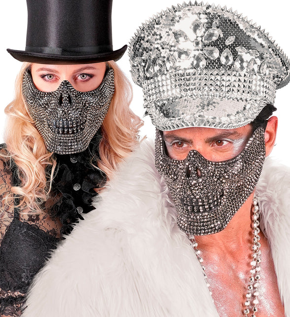 Schedelmasker strass op een gemaskerd feest, zilverglans met witte bontkraag