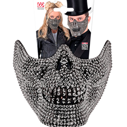 Schedelmasker strass op verpakkingskaart, zilverkleurig halfmasker met puntige wangvormen