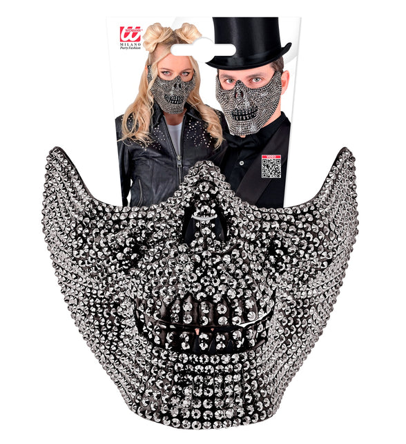 Schedelmasker strass op verpakkingskaart, zilverkleurig halfmasker met puntige wangvormen