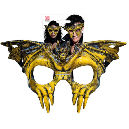 Schedelmasker vleermuis geel hard kunststof in verpakking met zwarte bandjes aan de zijkanten