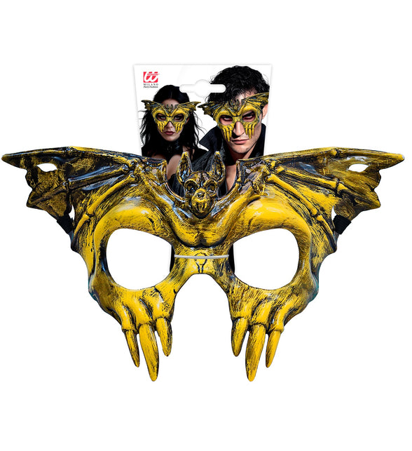 Schedelmasker vleermuis geel hard kunststof in verpakking met zwarte bandjes aan de zijkanten