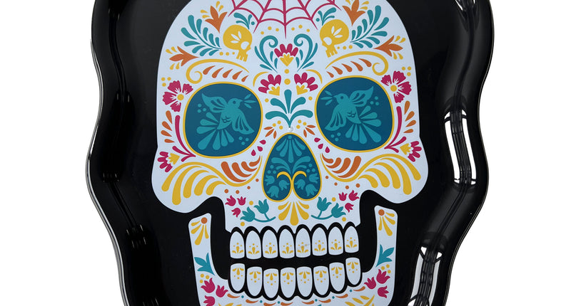 Schedelvormig bord zwart met kleurrijke sugar skull print voor Halloween