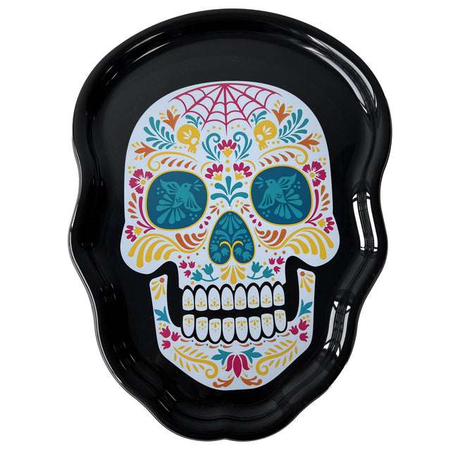 Schedelvormig bord zwart met kleurrijke sugar skull print voor Halloween
