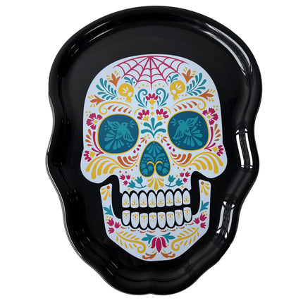 Schedelvormig bord zwart met kleurrijke sugar skull print voor Halloween
