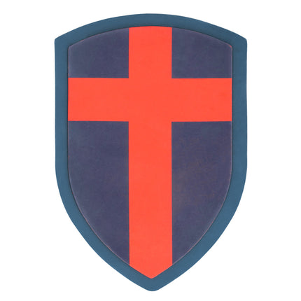 Schild uit de ridderset in donkerblauw met breed rood kruis en blauwgroene rand
