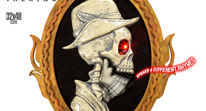 Schilderij animatie butler met rood oplichtend oog en open kaak in ovale goudkleurige lijst, Halloween decoratie
