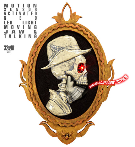 Schilderij animatie butler met rood oplichtend oog en open kaak in ovale goudkleurige lijst, Halloween decoratie