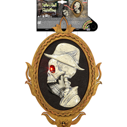 Schilderij animatie butler in verpakking, skeletbutler met hoed en strik naar links kijkend