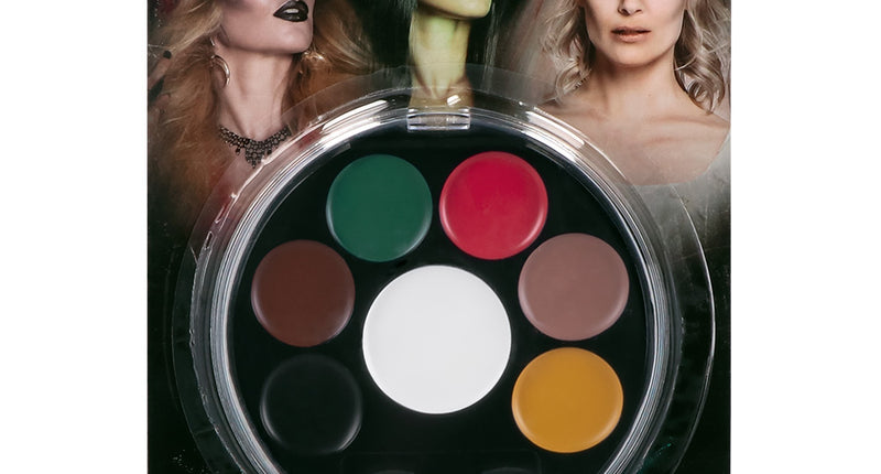 Schminkpalet Halloween met zeven potjes vetschmink en dubbele applicator in blister